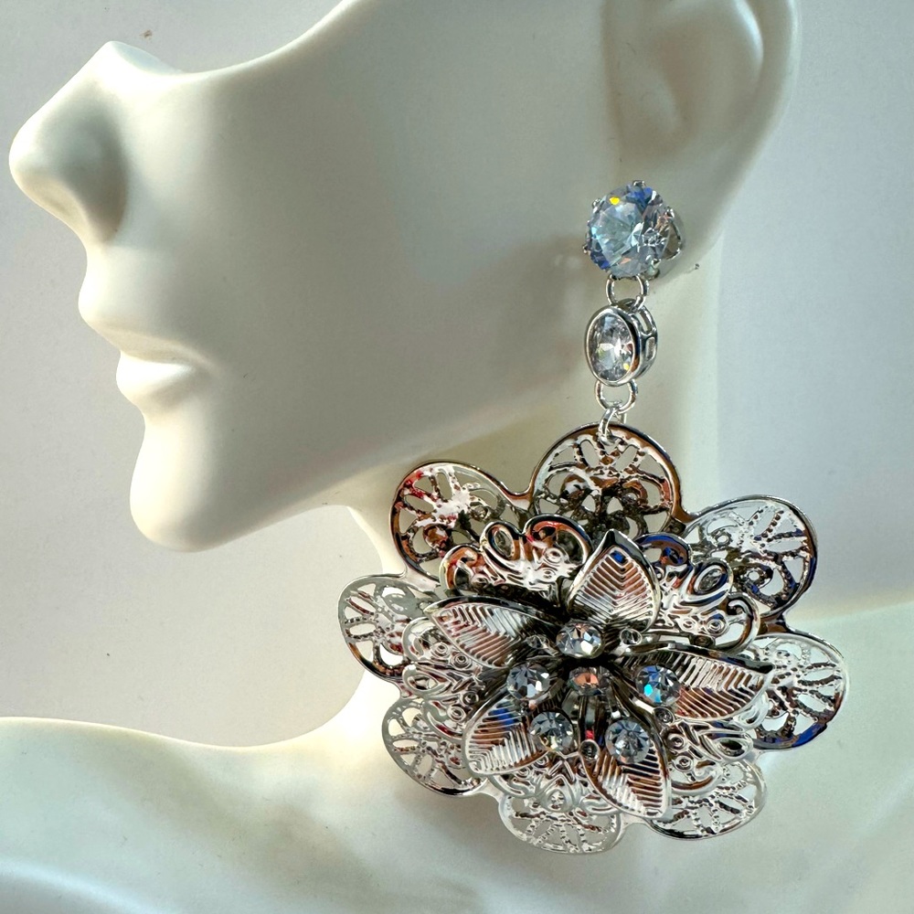 Silver Plated Filigree With Swarovski stone Large Earrings VERY LIGHT WEIGHT